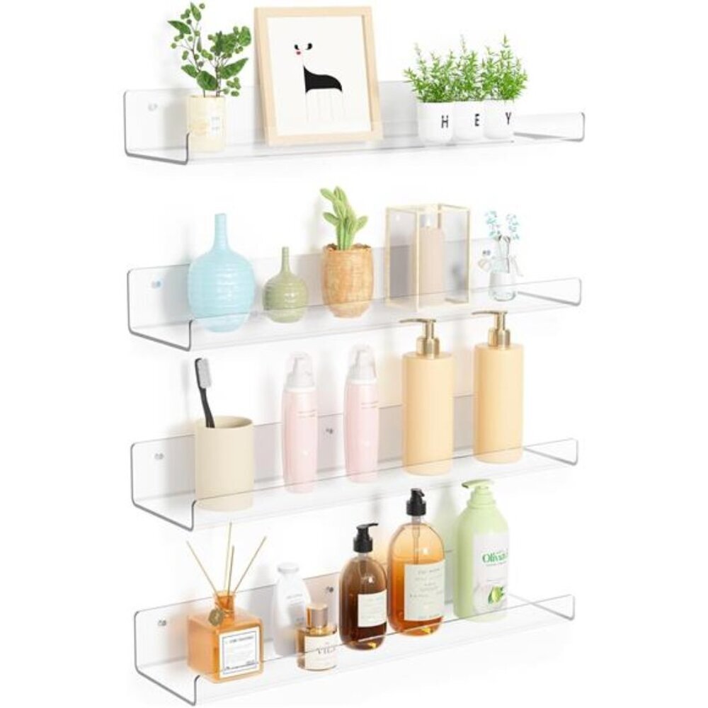 4 Pack Acrylic Shelves for Wall Storage, 15" Floating Bookshelves for Kids